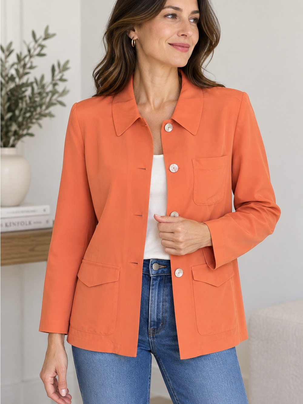 Emma James Petite 6P 100% Silk Coral Orange Jacket Blazer Shoulder Pads